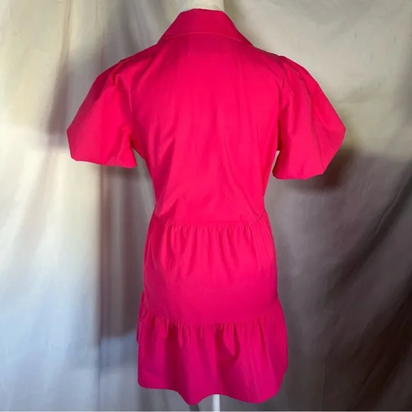 Brochu Walker Havana Puff Sleeve Tiered Mini Dress Vibrant Pink Small Preppy - Picture 7 of 8